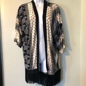 Graphic Printed Black Fringe Open Front Kimono